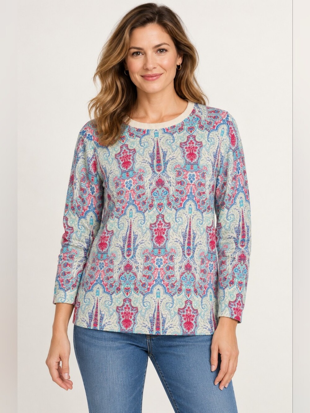 Talbots Paisley Print Sweater Women’s Medium Blue Pink Cream Long Sleeve